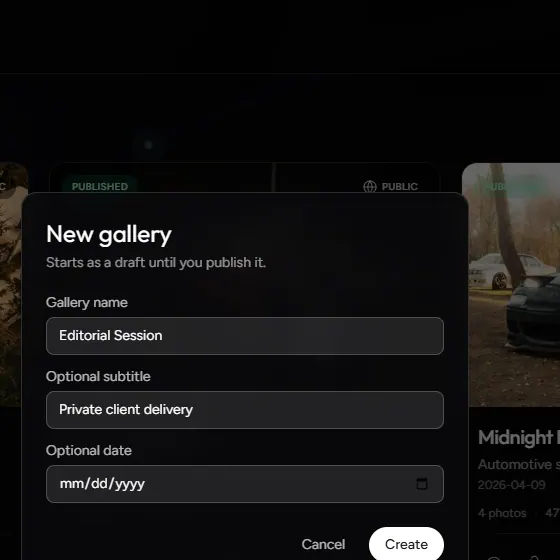 New gallery dialog in RemiXiss, used to create a client gallery as a draft.