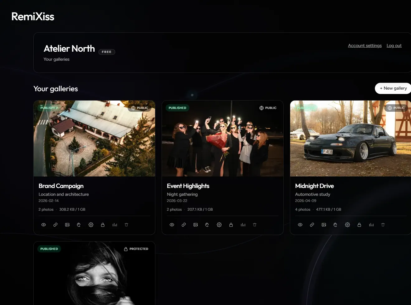 RemiXiss photographer dashboard with published commercial, event, automotive and portrait galleries.