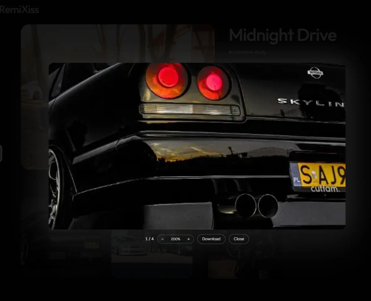RemiXiss full-screen lightbox with zoom controls and a Download button.