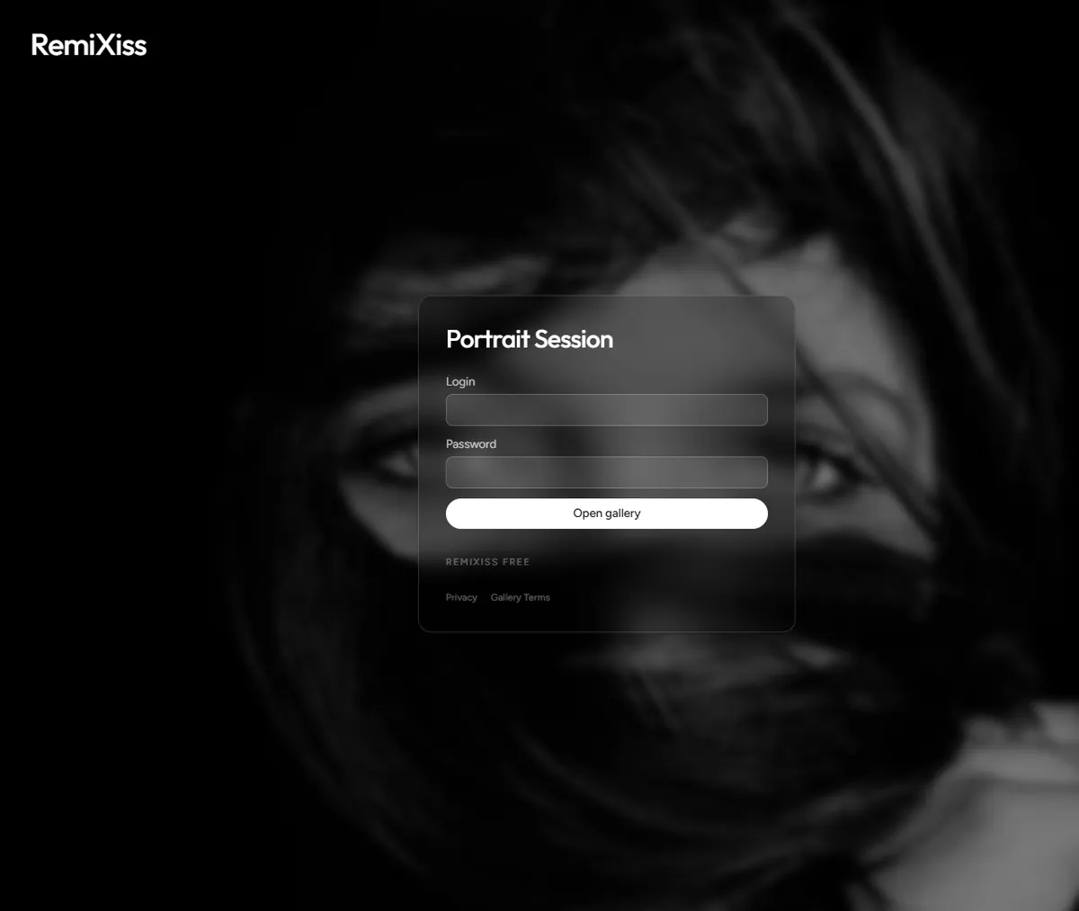 RemiXiss private gallery login screen with gallery-specific login and password fields.