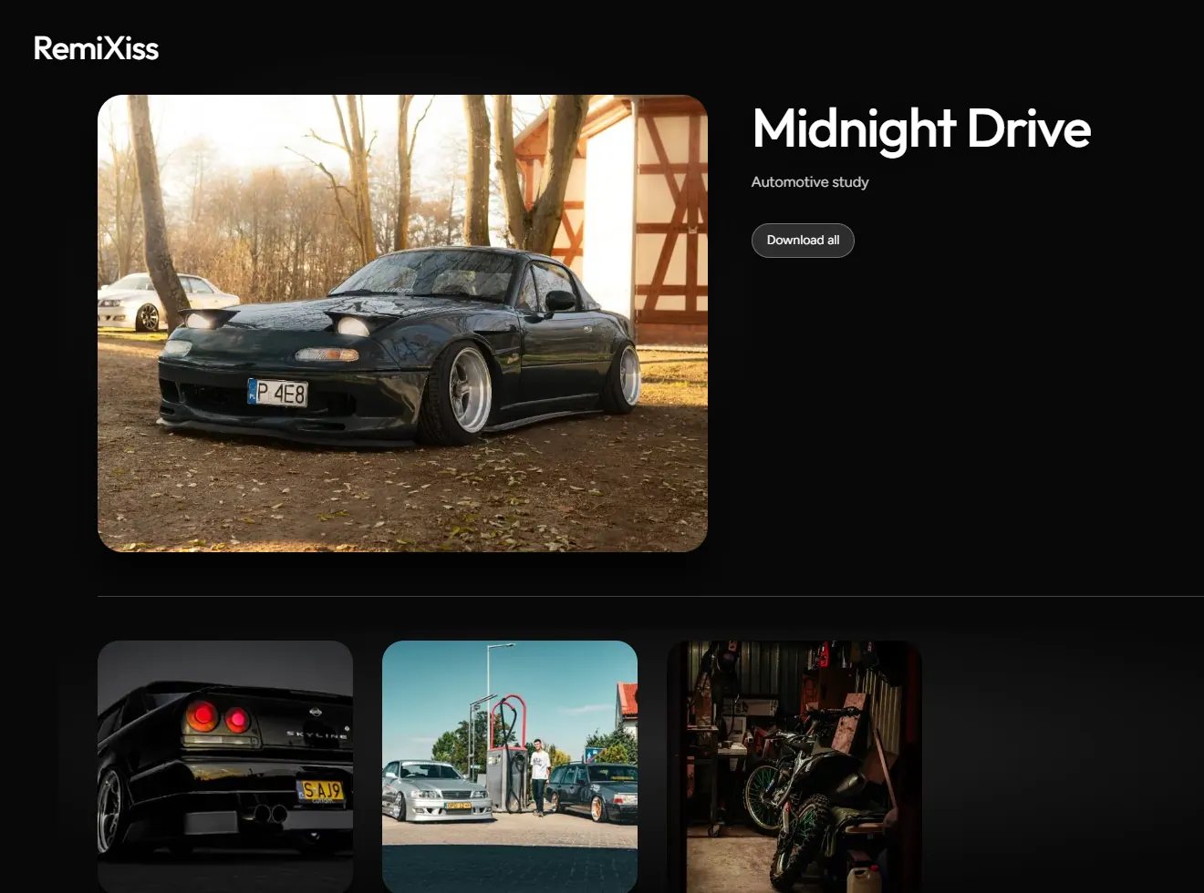RemiXiss client gallery for an automotive session, with a large hero photograph, title and a downloadable photo grid.
